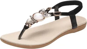 Women Owl Rhinestone Thong Sandal Ankle High Elastic Slip on Sandals Stretch Flip Flop Solid Vacation Clip Toe Shoe