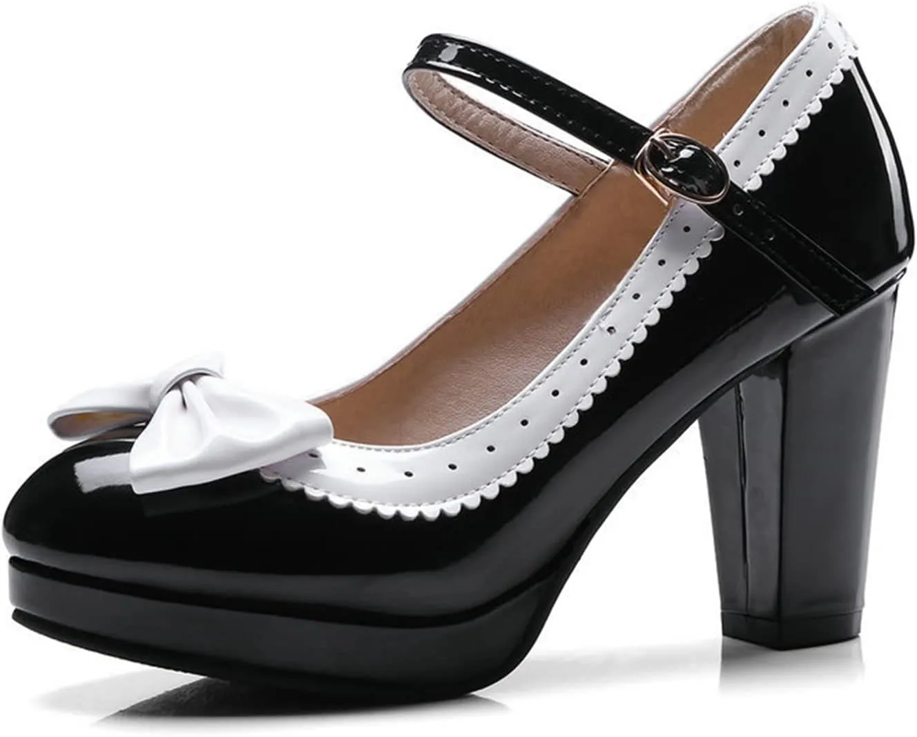 Women Platform High Chunky Heel Oxford Pumps Two Tone Fashion Round Toe Bow Ankle Strap Dress Shoes