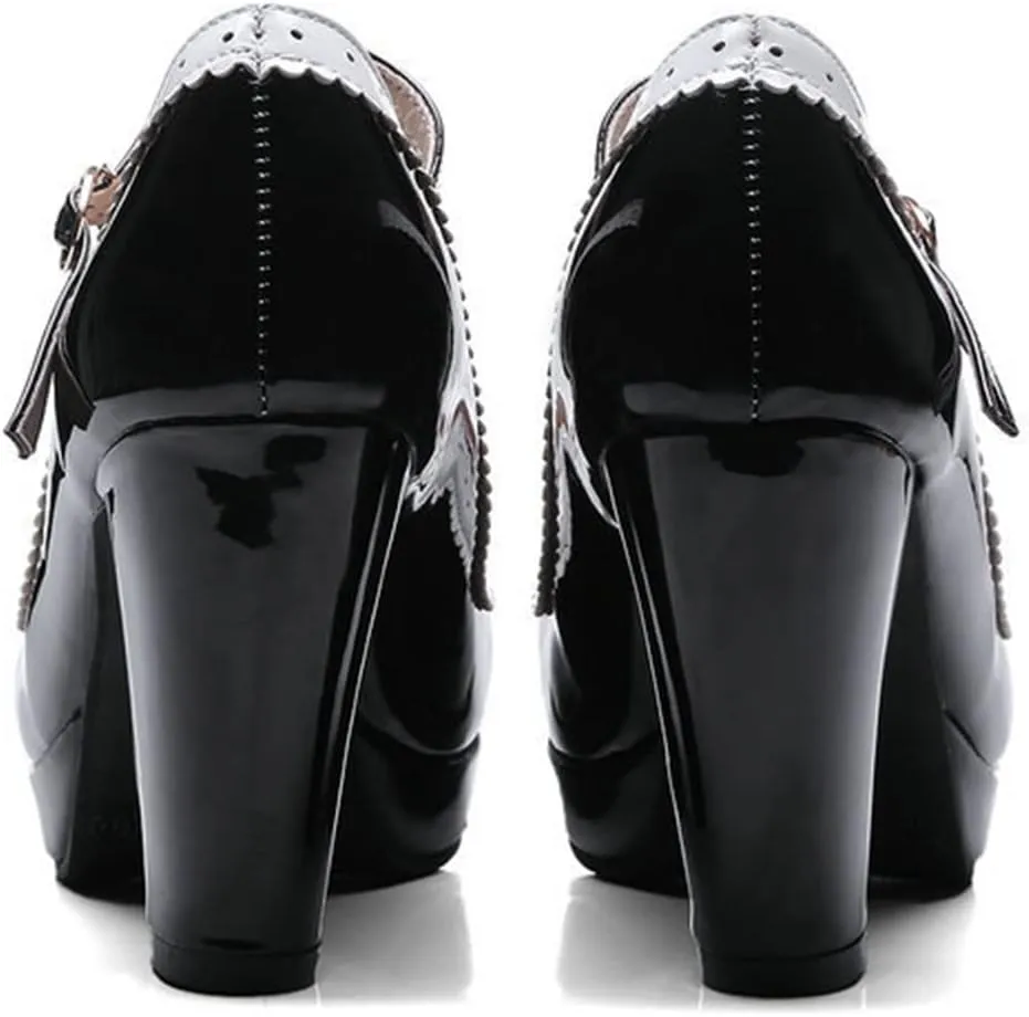 Women Platform High Chunky Heel Oxford Pumps Two Tone Fashion Round Toe Bow Ankle Strap Dress Shoes
