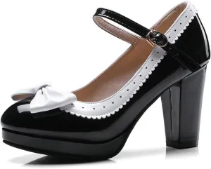 Women Platform High Chunky Heel Oxford Pumps Two Tone Fashion Round Toe Bow Ankle Strap Dress Shoes