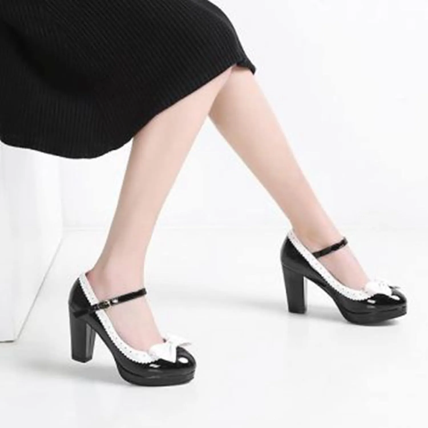 Women Platform High Chunky Heel Oxford Pumps Two Tone Fashion Round Toe Bow Ankle Strap Dress Shoes