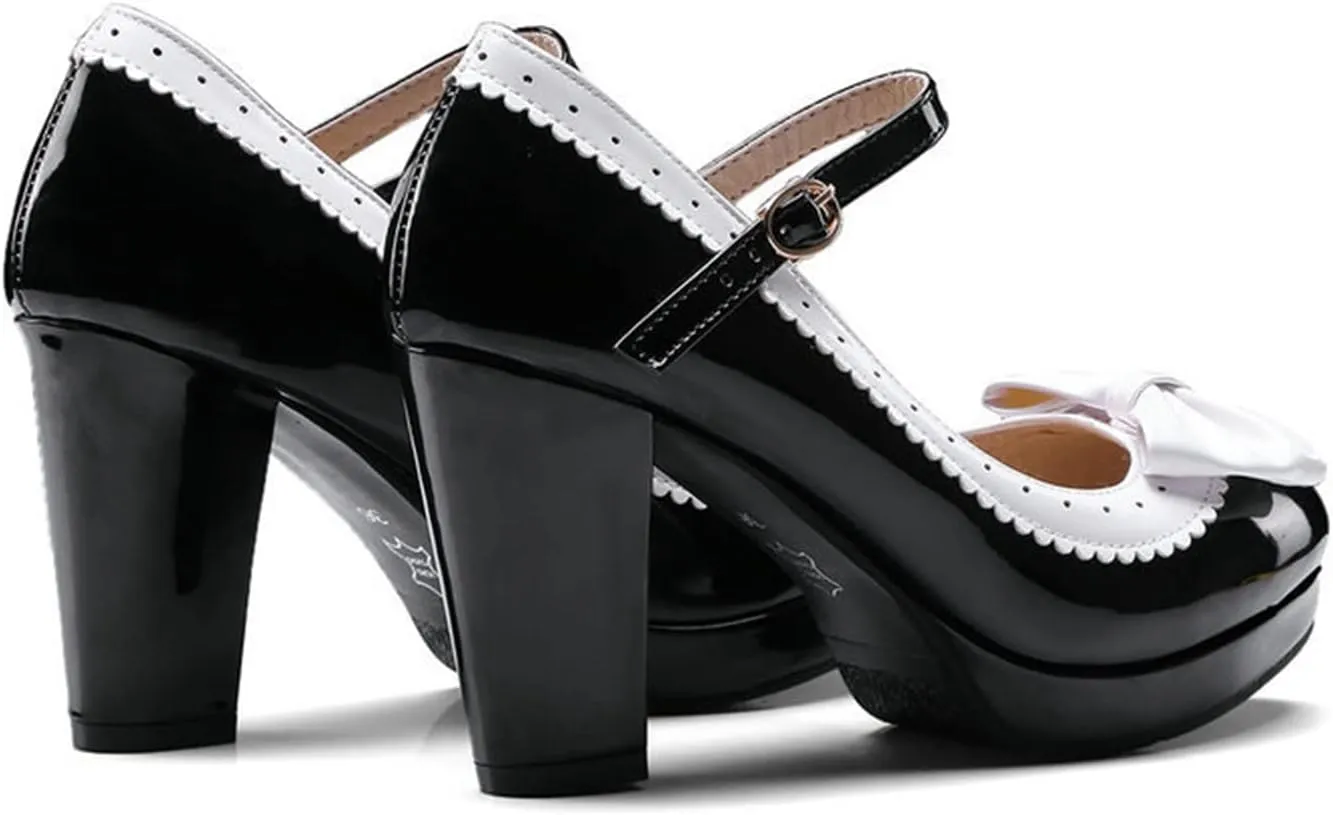 Women Platform High Chunky Heel Oxford Pumps Two Tone Fashion Round Toe Bow Ankle Strap Dress Shoes