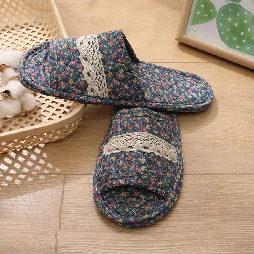 Women Vintage Home Slippers Soft Cotton Floral Floor Shoes Toe Sole Slippers Non-Slip Bedroom Couple