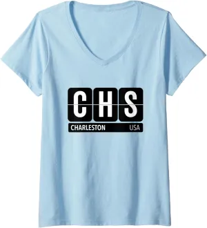Womens CHS Charleston SC USA Travel Souvenir White Text V-Neck T-Shirt