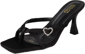 Women's Heart Shaped Buckle Thong Stiletto Sandals Fashion Slip On Square Open Toe Kitten Heel Flip Flops Summer T Strap High Heel Dressy Slide Shoes
