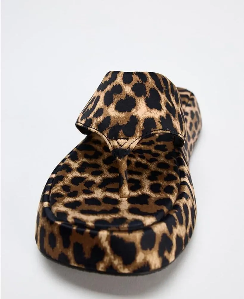 Women's Leopard-print Platform Sandals Summer Flip Flops Animal Print Flatform Slides Casual Beach Slippers