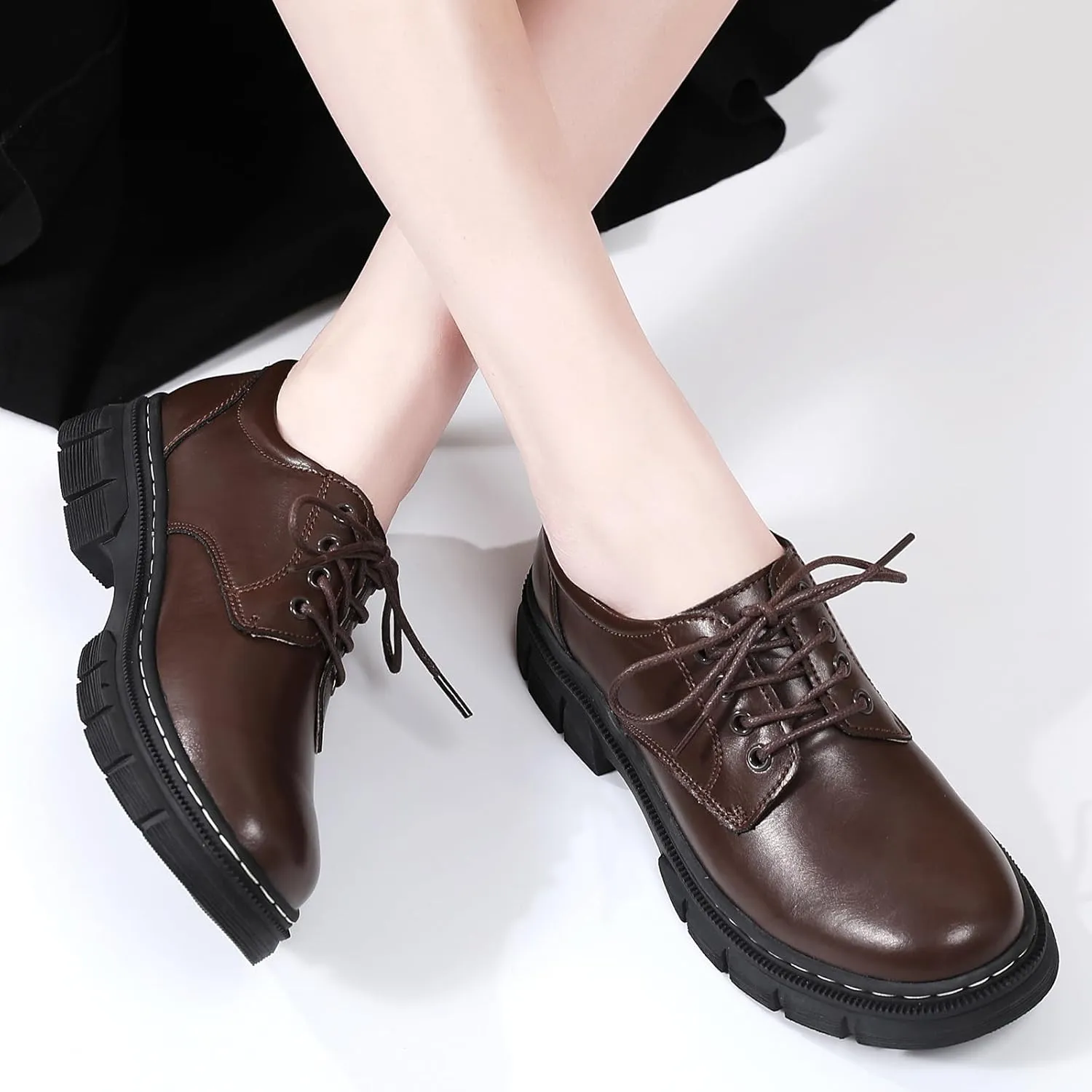 Womens Oxford Shoes Platform Classic Leather Non Slip Dressy Shoes Chunky Comfortable Business Shoes for Work Casual Office