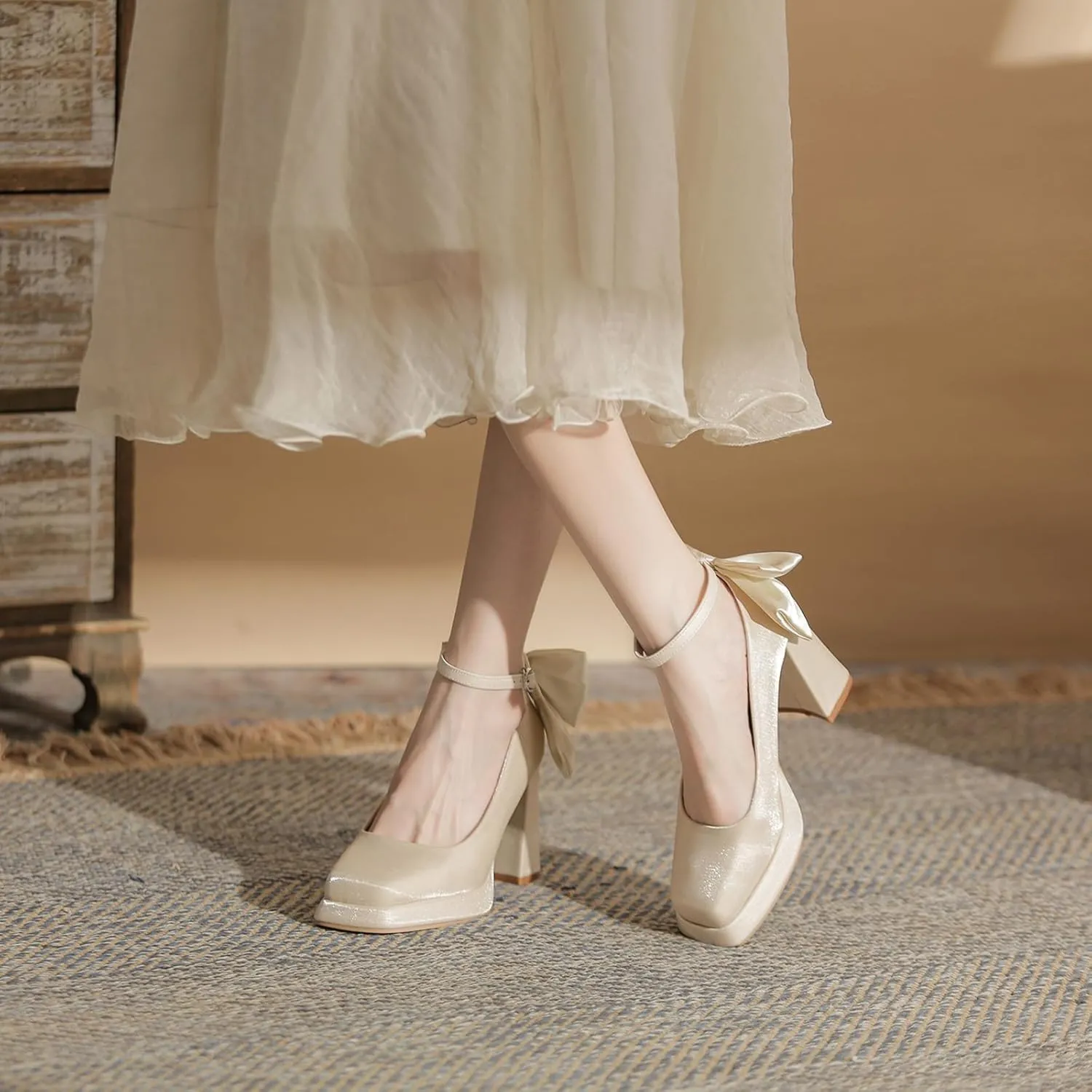 Women's Platform Chunky High Heel Pumps with Satin Bow Close Square Toe Adjustable Ankle Strap Mary Jane Heels Shoes Elegant Wedding Party Prom Dress Shoes
