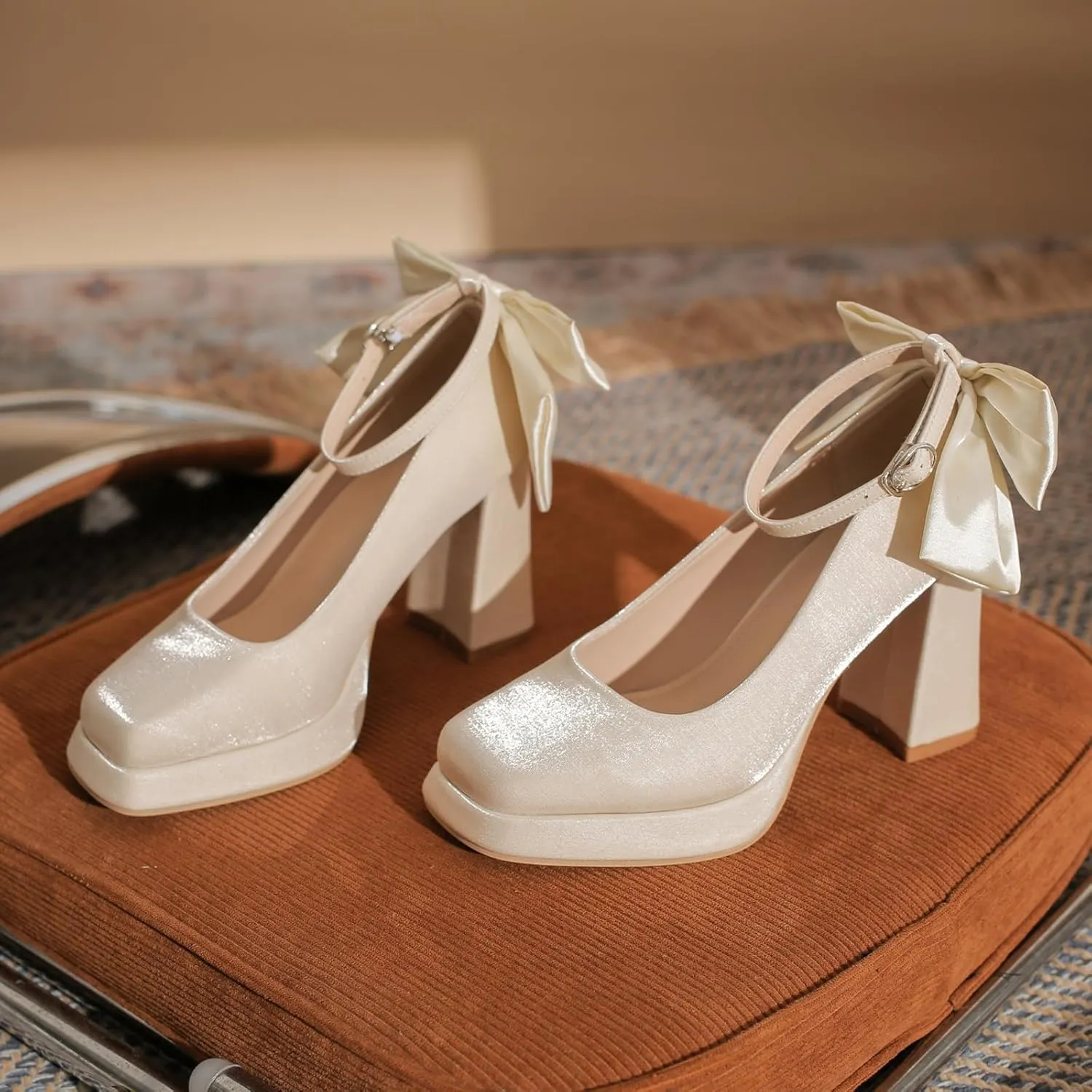 Women's Platform Chunky High Heel Pumps with Satin Bow Close Square Toe Adjustable Ankle Strap Mary Jane Heels Shoes Elegant Wedding Party Prom Dress Shoes
