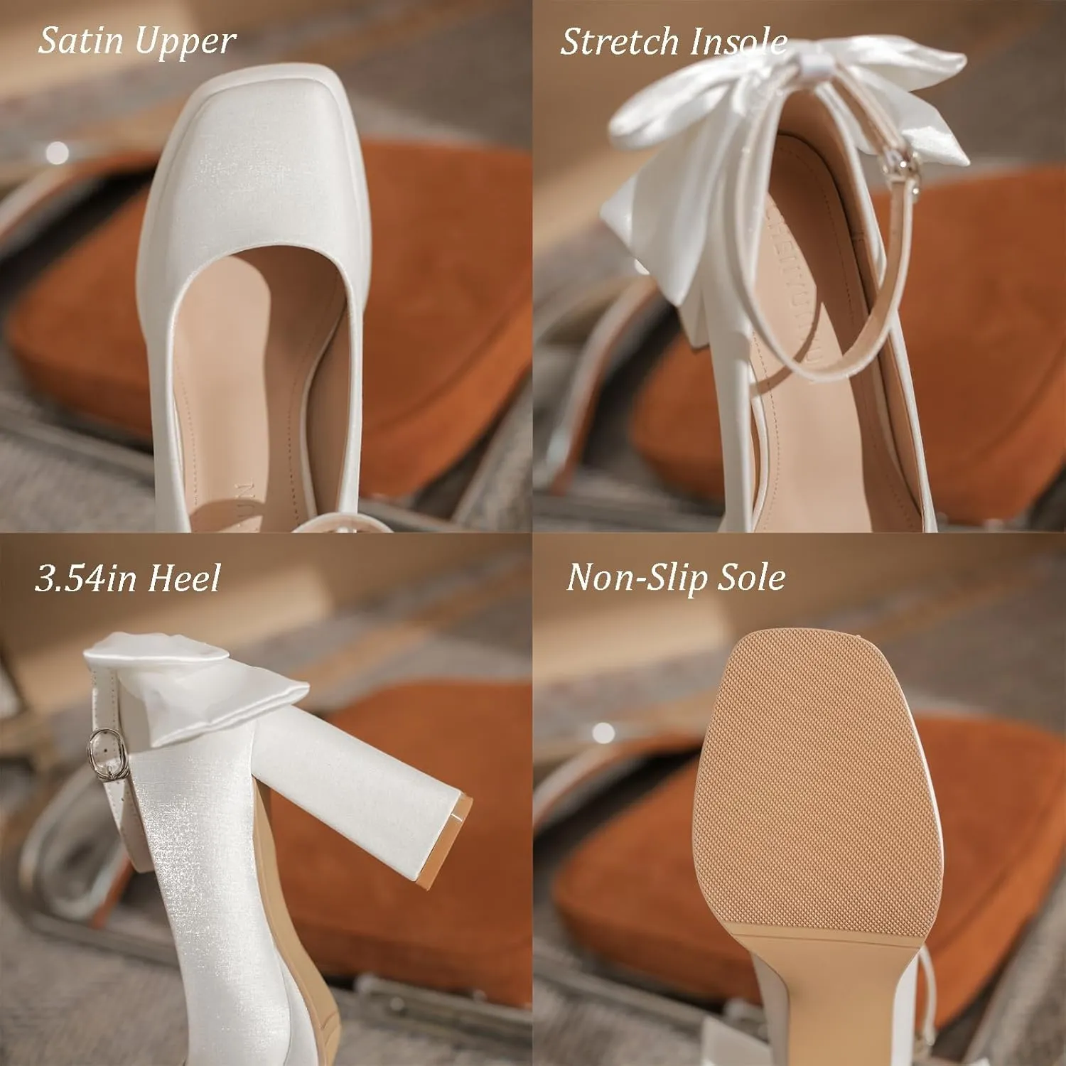 Women's Platform Chunky High Heel Pumps with Satin Bow Close Square Toe Adjustable Ankle Strap Mary Jane Heels Shoes Elegant Wedding Party Prom Dress Shoes