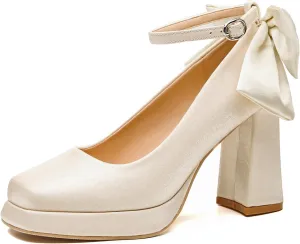 Women's Platform Chunky High Heel Pumps with Satin Bow Close Square Toe Adjustable Ankle Strap Mary Jane Heels Shoes Elegant Wedding Party Prom Dress Shoes