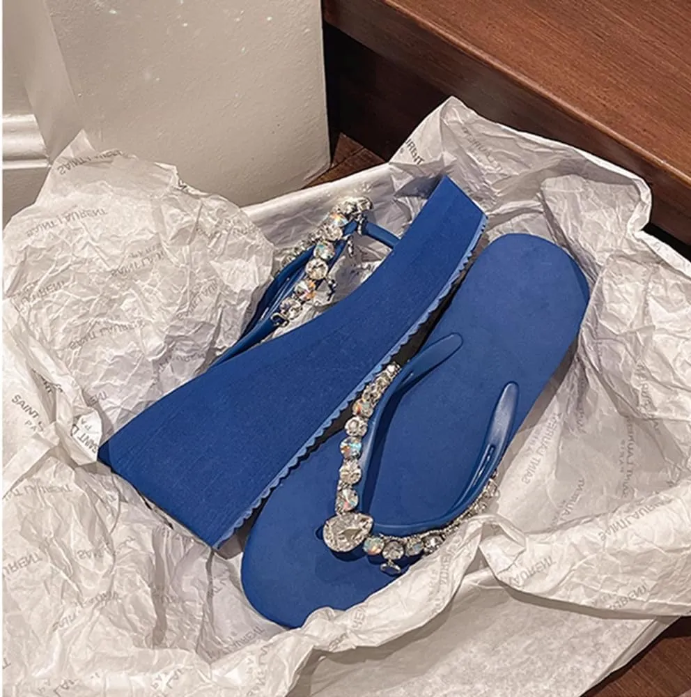 Women's Rhinestone Platform Flip Flops Boho Sparkly Wedge Thong Sandals Trendy Outdoor Slippers Summer Beach Slide Sandals