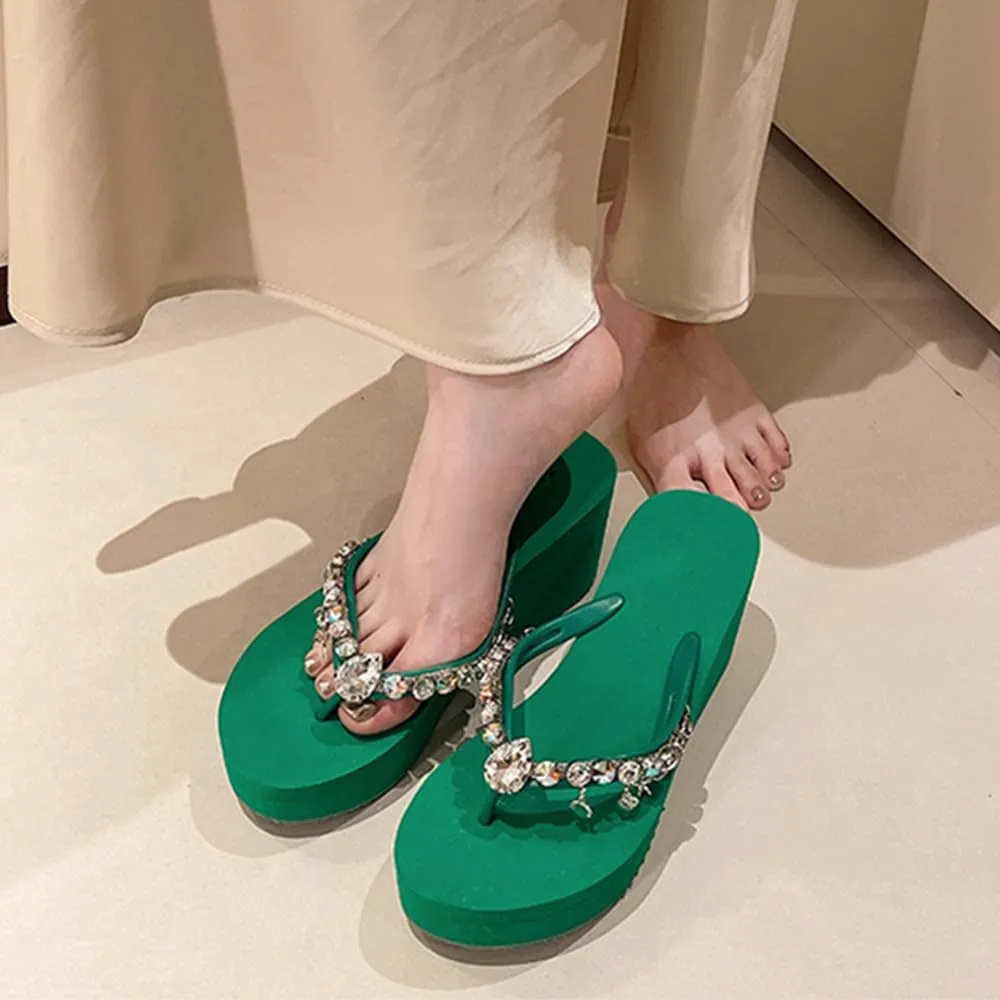 Women's Rhinestone Platform Flip Flops Boho Sparkly Wedge Thong Sandals Trendy Outdoor Slippers Summer Beach Slide Sandals