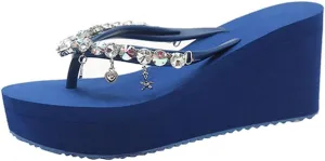 Women's Rhinestone Platform Flip Flops Boho Sparkly Wedge Thong Sandals Trendy Outdoor Slippers Summer Beach Slide Sandals