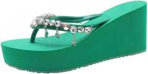Women's Rhinestone Platform Flip Flops Boho Sparkly Wedge Thong Sandals Trendy Outdoor Slippers Summer Beach Slide Sandals