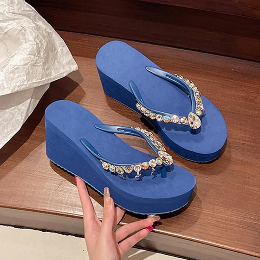 Women's Rhinestone Platform Flip Flops Boho Sparkly Wedge Thong Sandals Trendy Outdoor Slippers Summer Beach Slide Sandals