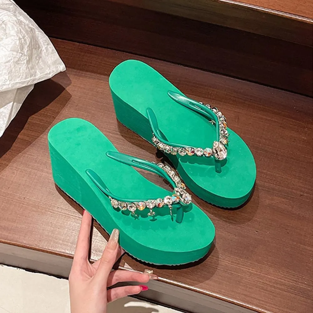 Women's Rhinestone Platform Flip Flops Boho Sparkly Wedge Thong Sandals Trendy Outdoor Slippers Summer Beach Slide Sandals