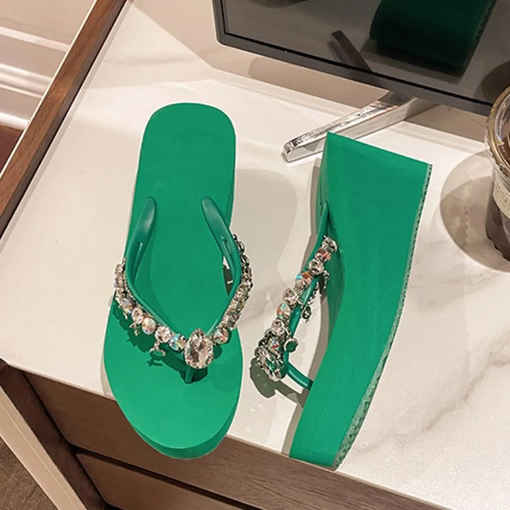 Women's Rhinestone Platform Flip Flops Boho Sparkly Wedge Thong Sandals Trendy Outdoor Slippers Summer Beach Slide Sandals