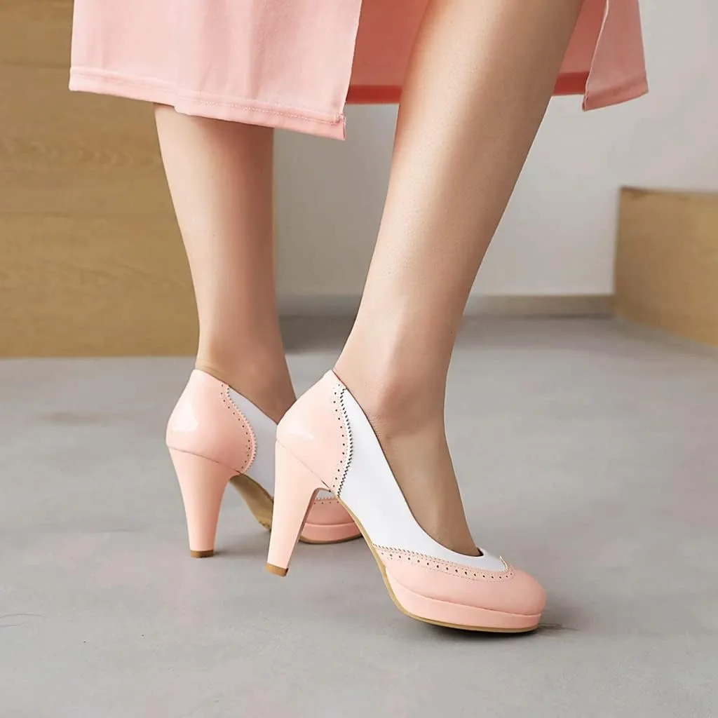 Women's Round Toe Two Toned Slip On Dress Pumps Patent Leather Platform High Heel Oxford Pump Shoes