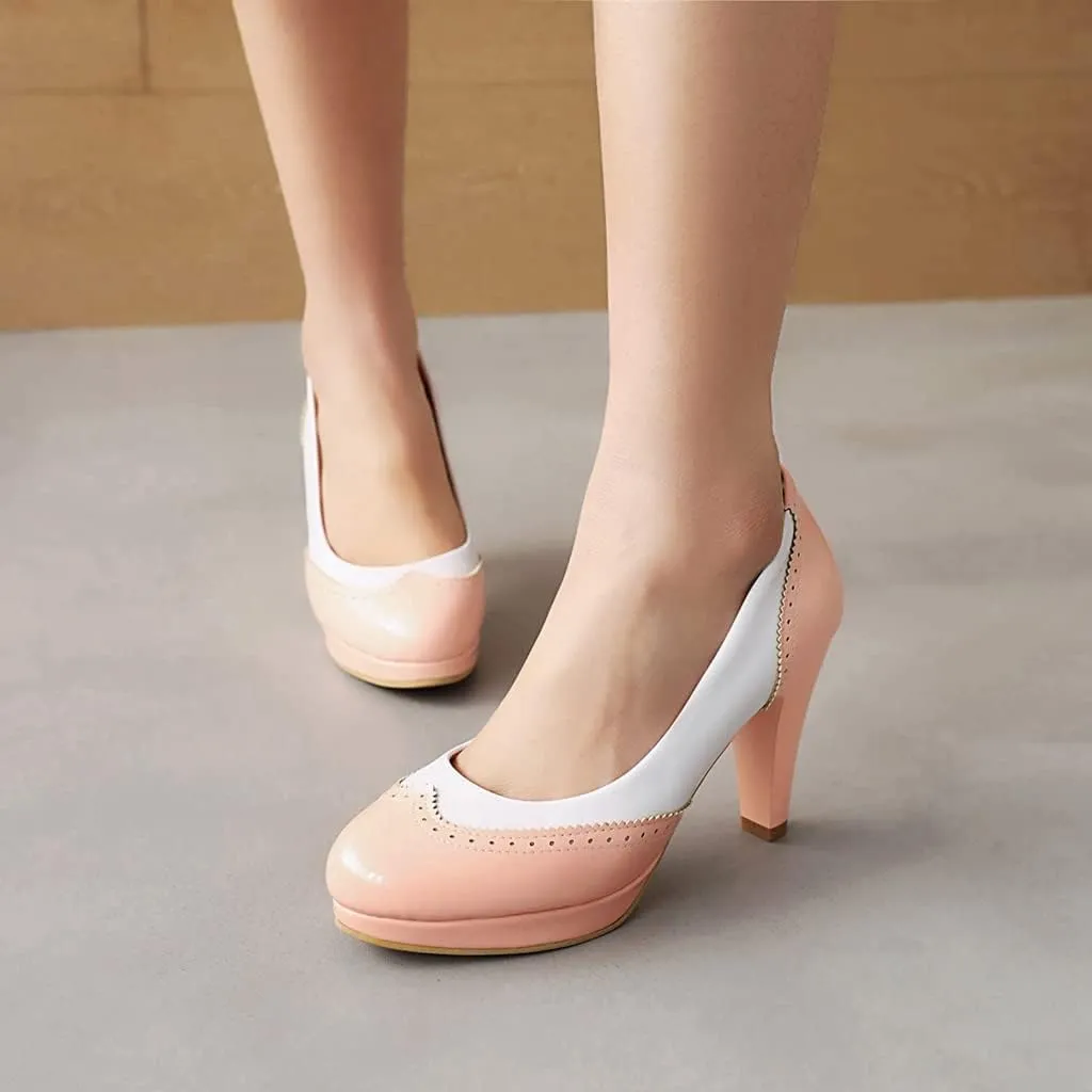Women's Round Toe Two Toned Slip On Dress Pumps Patent Leather Platform High Heel Oxford Pump Shoes