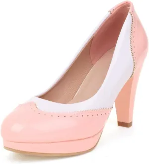 Women's Round Toe Two Toned Slip On Dress Pumps Patent Leather Platform High Heel Oxford Pump Shoes