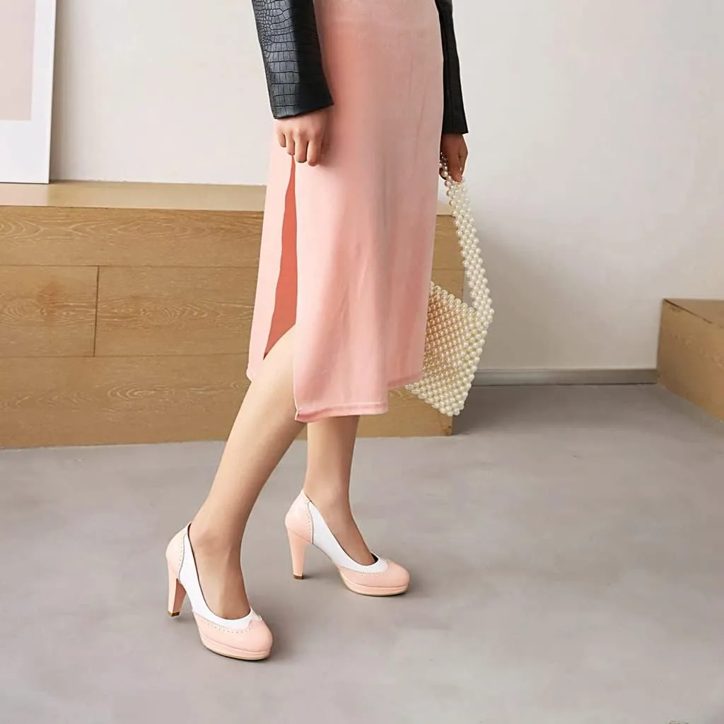 Women's Round Toe Two Toned Slip On Dress Pumps Patent Leather Platform High Heel Oxford Pump Shoes