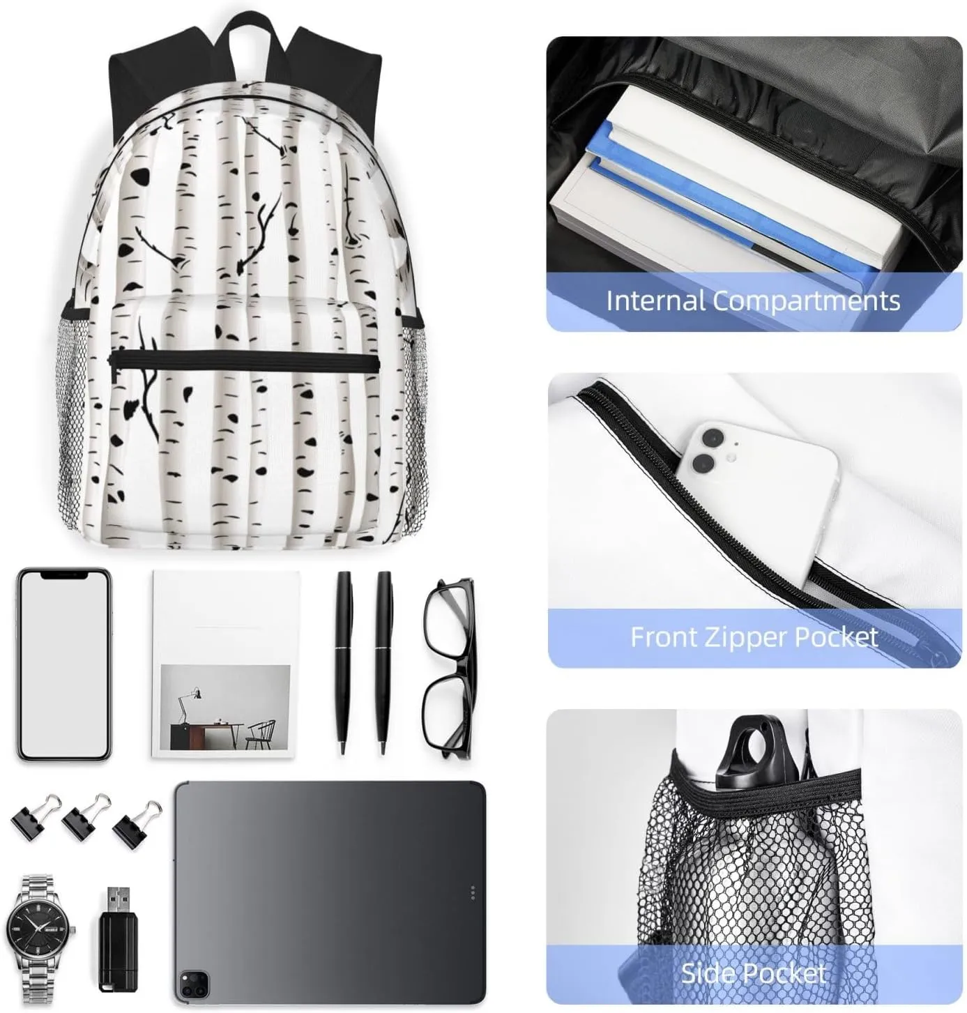 Wurton Birch Tree Print Unisex Backpack Trendy,Durable Travel Bag Sports Beach Backpack Lightweight Backpack
