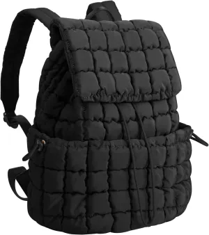 XSUIOY Quilted Backpack Purse for Women Small Lightweight Puffer Puffy College Laptop Backpack Nylon Casual Bookbag Daypack Top Flap Drawstring Padding Hiker Travel Gym Backpack(Black)
