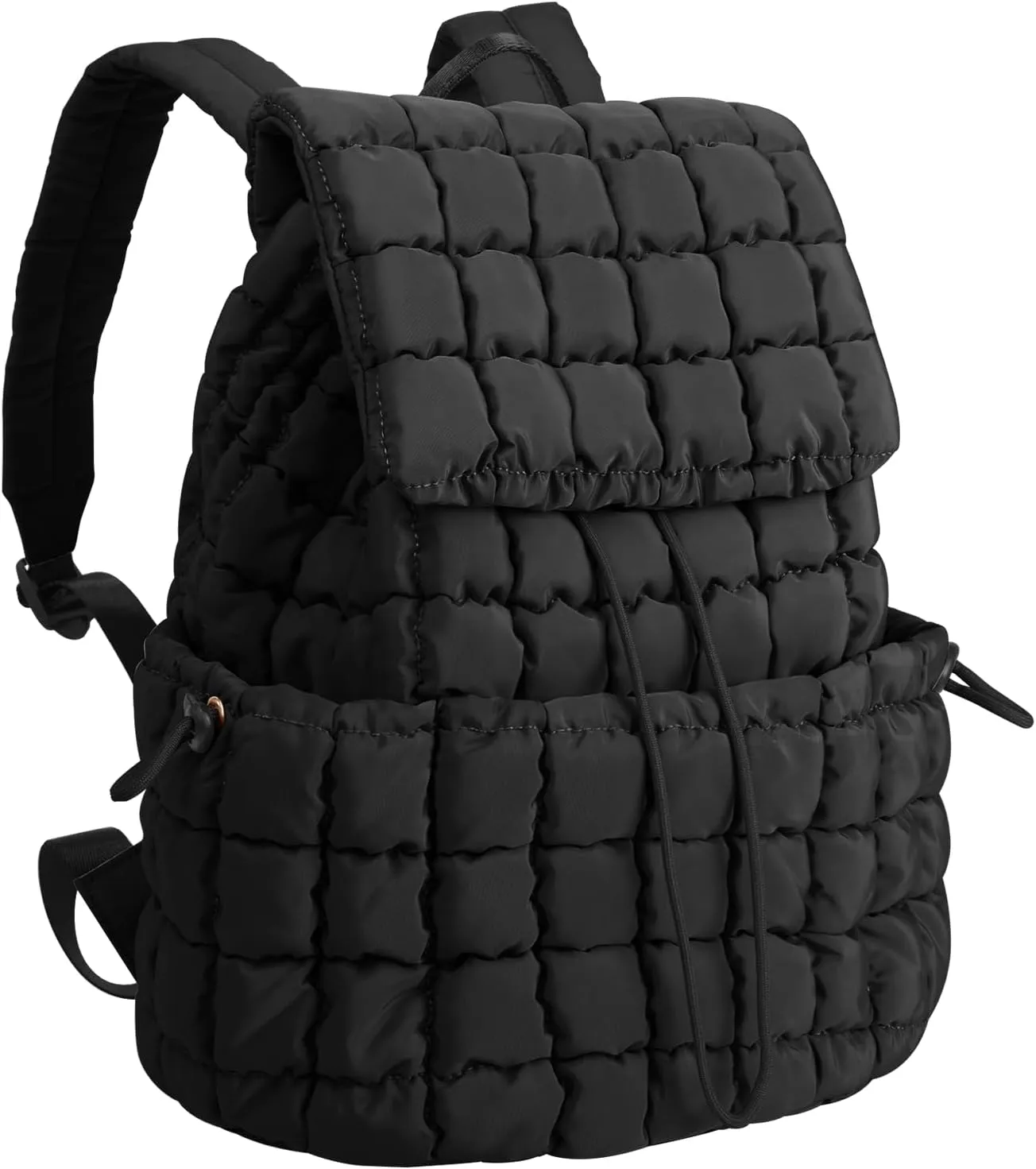 XSUIOY Quilted Backpack Purse for Women Small Lightweight Puffer Puffy College Laptop Backpack Nylon Casual Bookbag Daypack Top Flap Drawstring Padding Hiker Travel Gym Backpack(Black)
