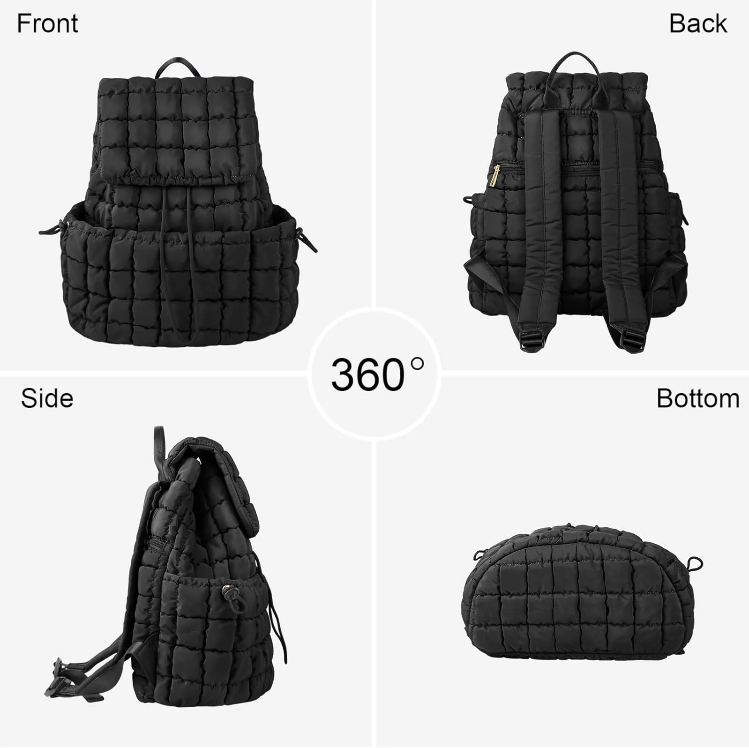 XSUIOY Quilted Backpack Purse for Women Small Lightweight Puffer Puffy College Laptop Backpack Nylon Casual Bookbag Daypack Top Flap Drawstring Padding Hiker Travel Gym Backpack(Black)
