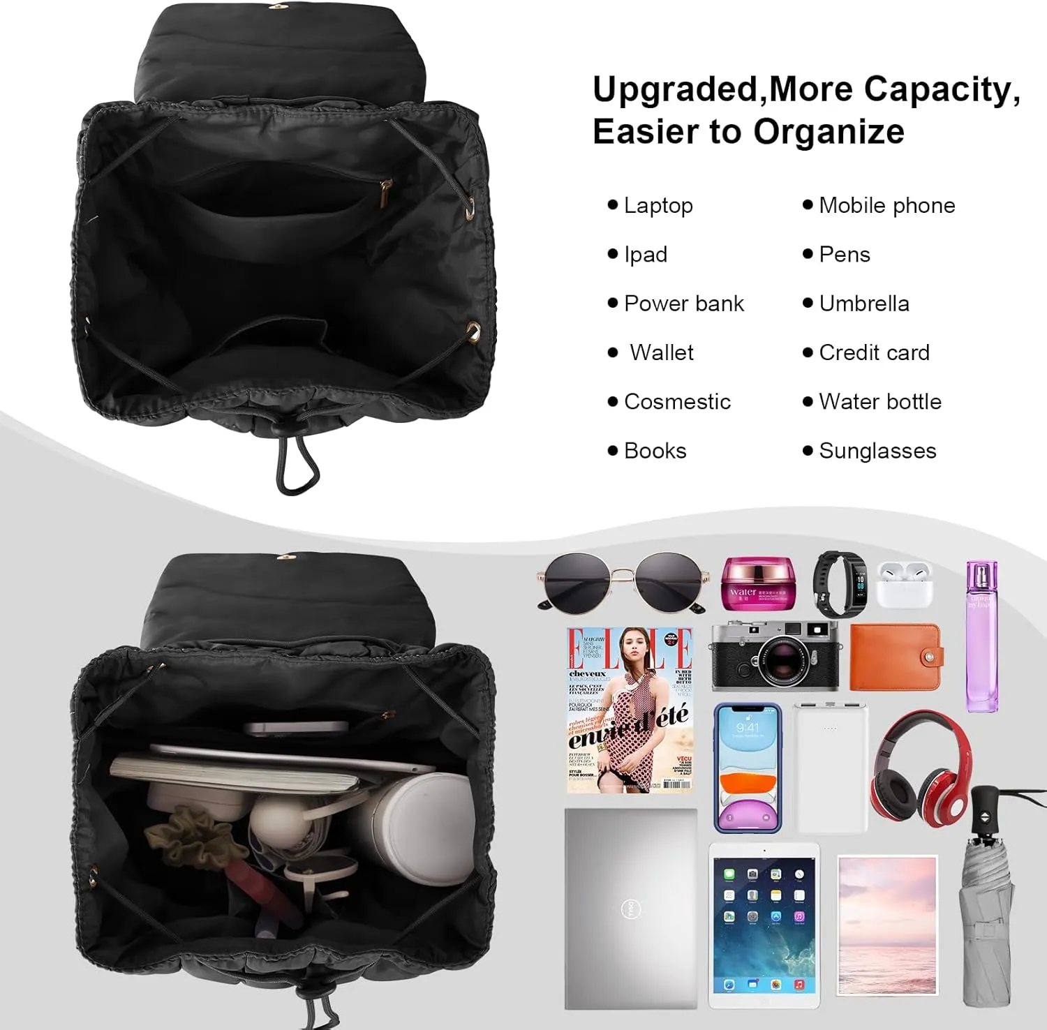 XSUIOY Quilted Backpack Purse for Women Small Lightweight Puffer Puffy College Laptop Backpack Nylon Casual Bookbag Daypack Top Flap Drawstring Padding Hiker Travel Gym Backpack(Black)