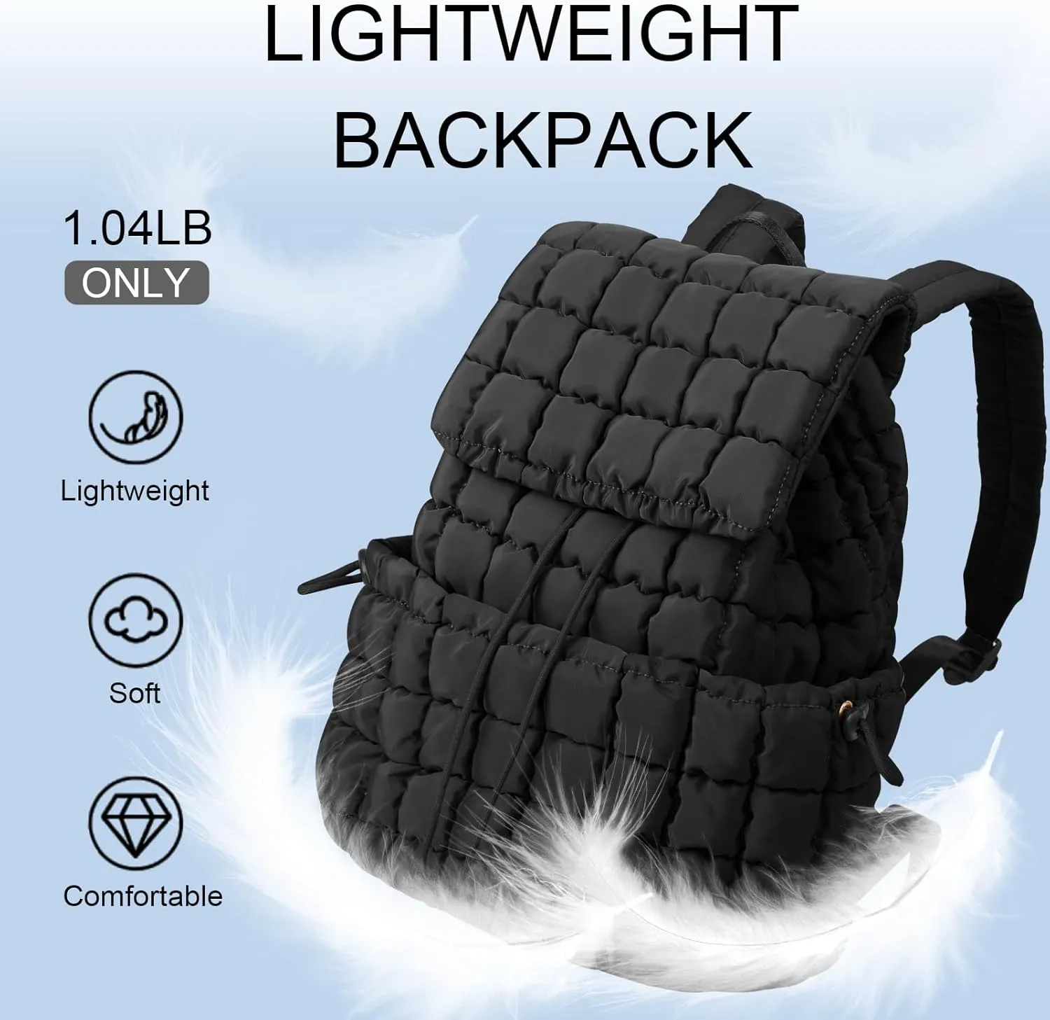 XSUIOY Quilted Backpack Purse for Women Small Lightweight Puffer Puffy College Laptop Backpack Nylon Casual Bookbag Daypack Top Flap Drawstring Padding Hiker Travel Gym Backpack(Black)