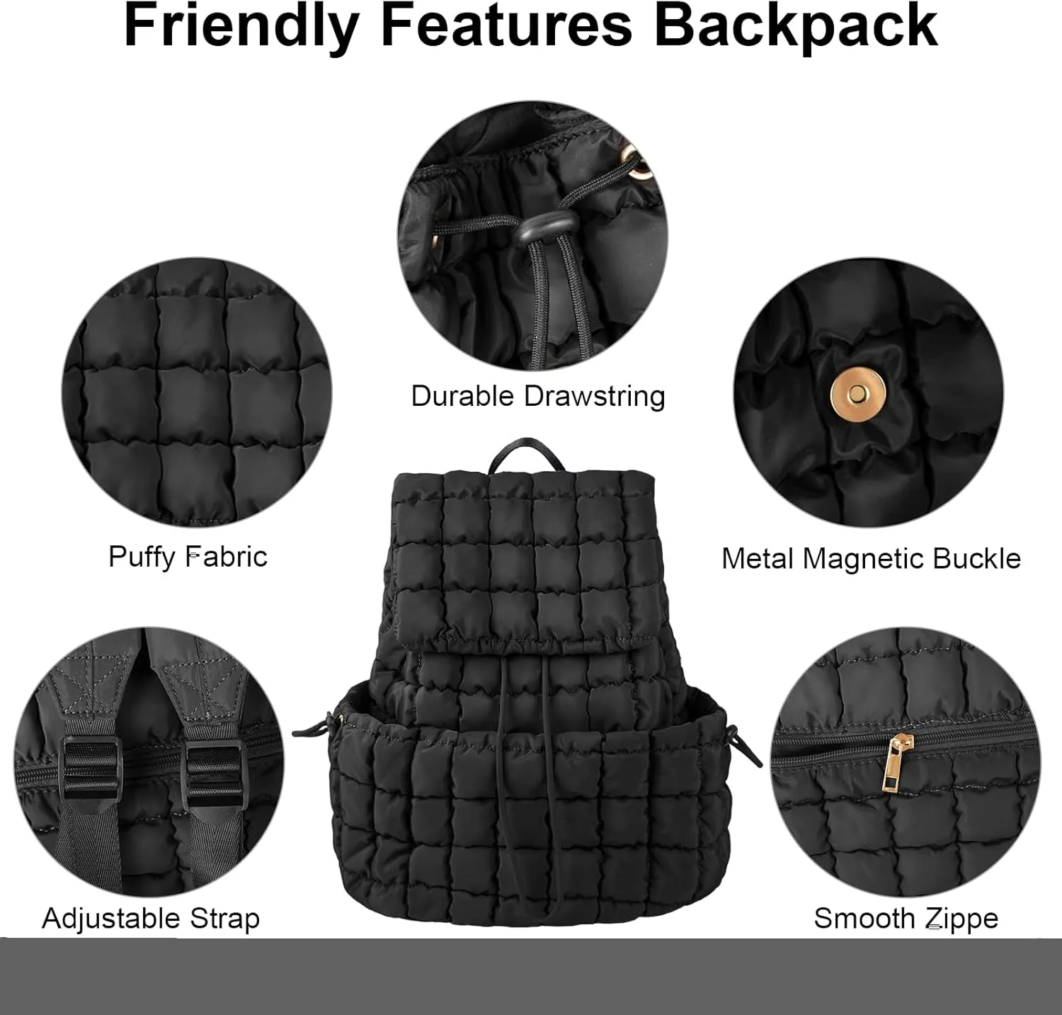 XSUIOY Quilted Backpack Purse for Women Small Lightweight Puffer Puffy College Laptop Backpack Nylon Casual Bookbag Daypack Top Flap Drawstring Padding Hiker Travel Gym Backpack(Black)