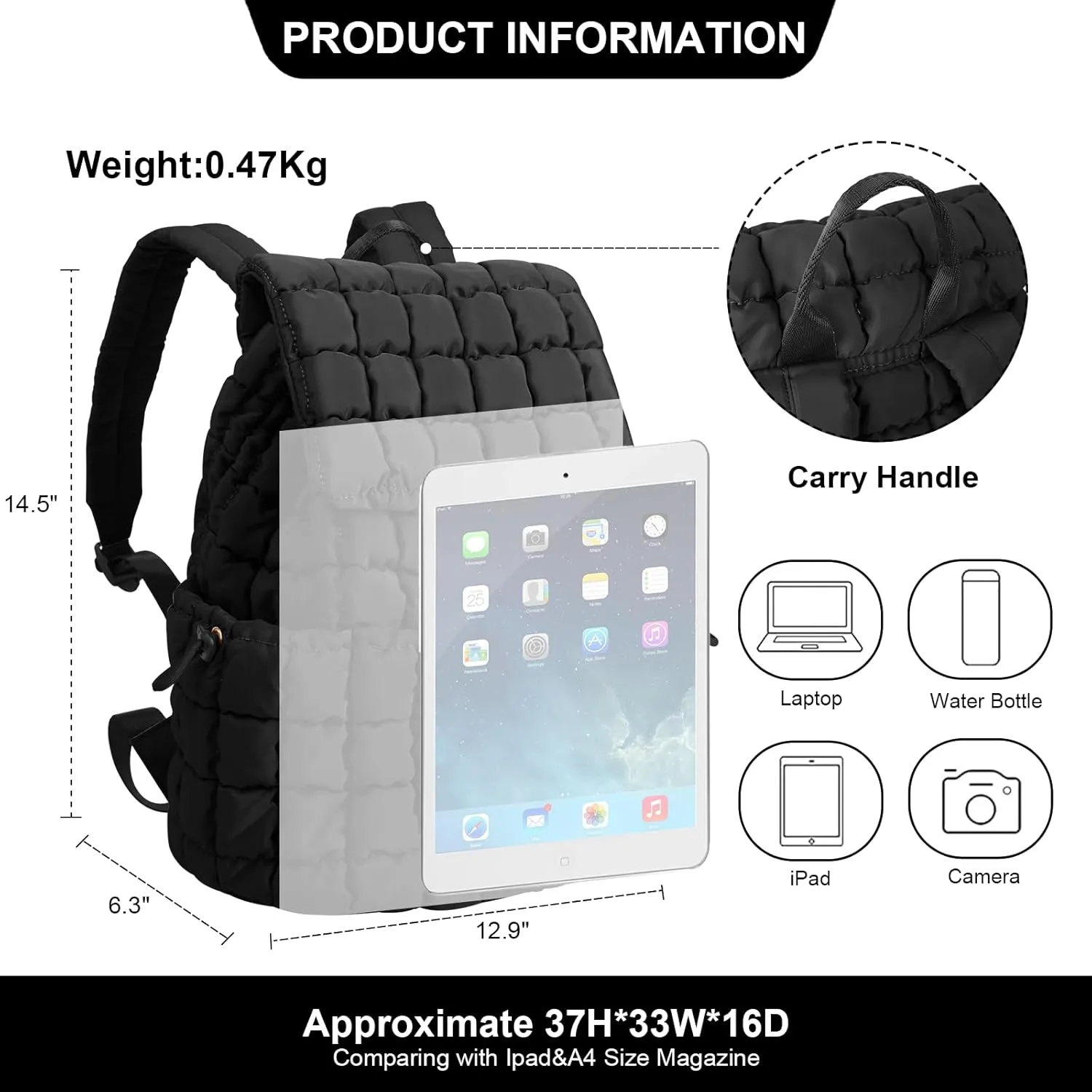 XSUIOY Quilted Backpack Purse for Women Small Lightweight Puffer Puffy College Laptop Backpack Nylon Casual Bookbag Daypack Top Flap Drawstring Padding Hiker Travel Gym Backpack(Black)