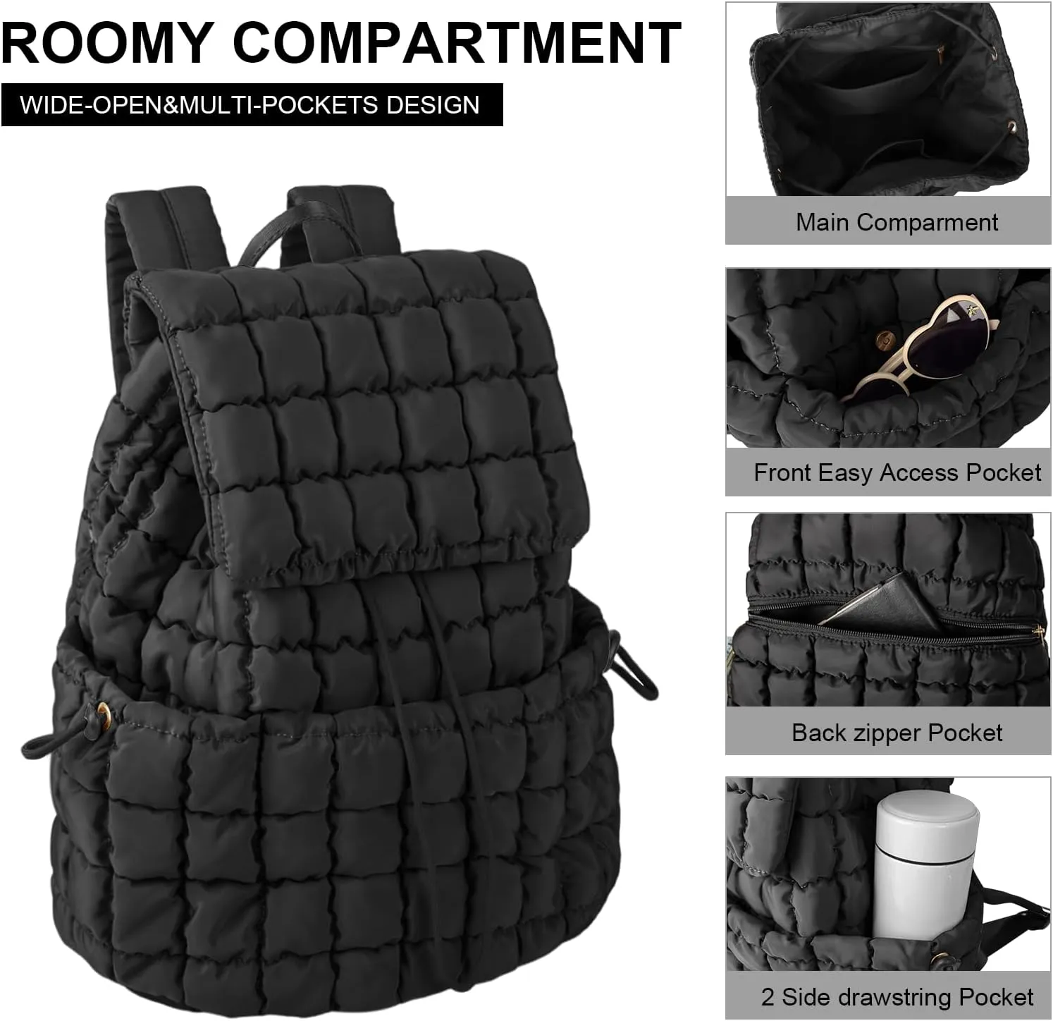 XSUIOY Quilted Backpack Purse for Women Small Lightweight Puffer Puffy College Laptop Backpack Nylon Casual Bookbag Daypack Top Flap Drawstring Padding Hiker Travel Gym Backpack(Black)