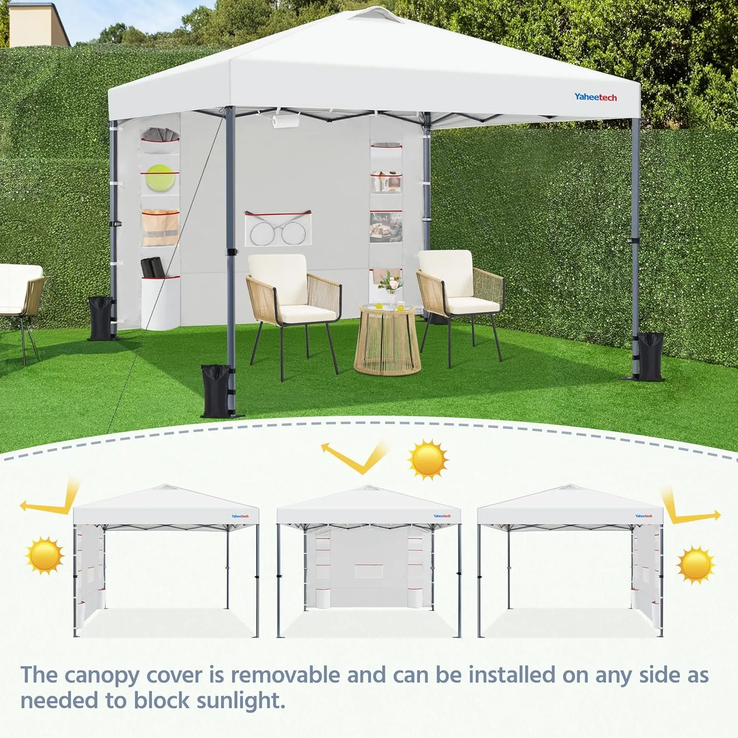Yaheetech 10x10 Pop-up Canopy Tent w/Removable Pockets Sidewall for Extra Storage, Outdoor Sun Shelter Waterproof & Durable w/Wheeled Bag, Sandbags & Guylines for Beach Camping Party (White)