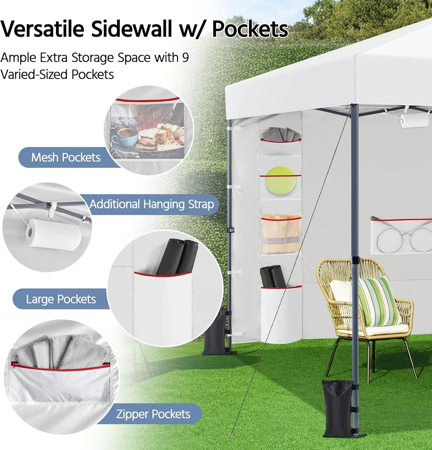 Yaheetech 10x10 Pop-up Canopy Tent w/Removable Pockets Sidewall for Extra Storage, Outdoor Sun Shelter Waterproof & Durable w/Wheeled Bag, Sandbags & Guylines for Beach Camping Party (White)