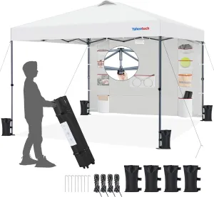 Yaheetech 10x10 Pop-up Canopy Tent w/Removable Pockets Sidewall for Extra Storage, Outdoor Sun Shelter Waterproof & Durable w/Wheeled Bag, Sandbags & Guylines for Beach Camping Party (White)