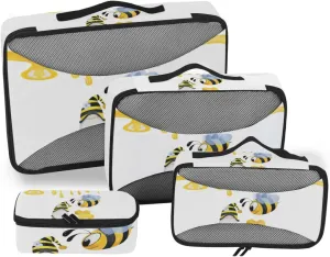 Yellow Flying Bee Dressed Up Gnome Honeycomb on White 4 PCs Set Packing Bags, Luggage Organizer Bag, Portable Cube Toiletry bag, Durable Travel Cosmetic Storage Bag for Men Women