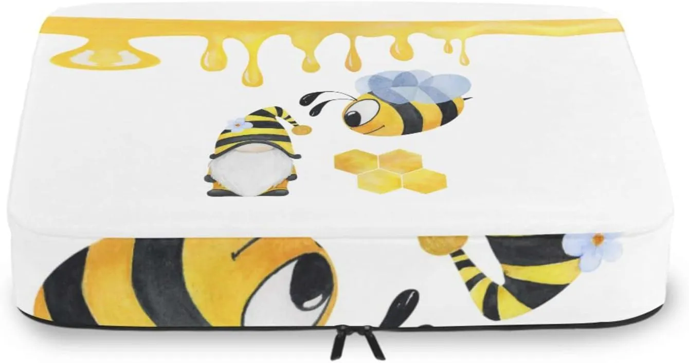 Yellow Flying Bee Dressed Up Gnome Honeycomb on White 4 PCs Set Packing Bags, Luggage Organizer Bag, Portable Cube Toiletry bag, Durable Travel Cosmetic Storage Bag for Men Women