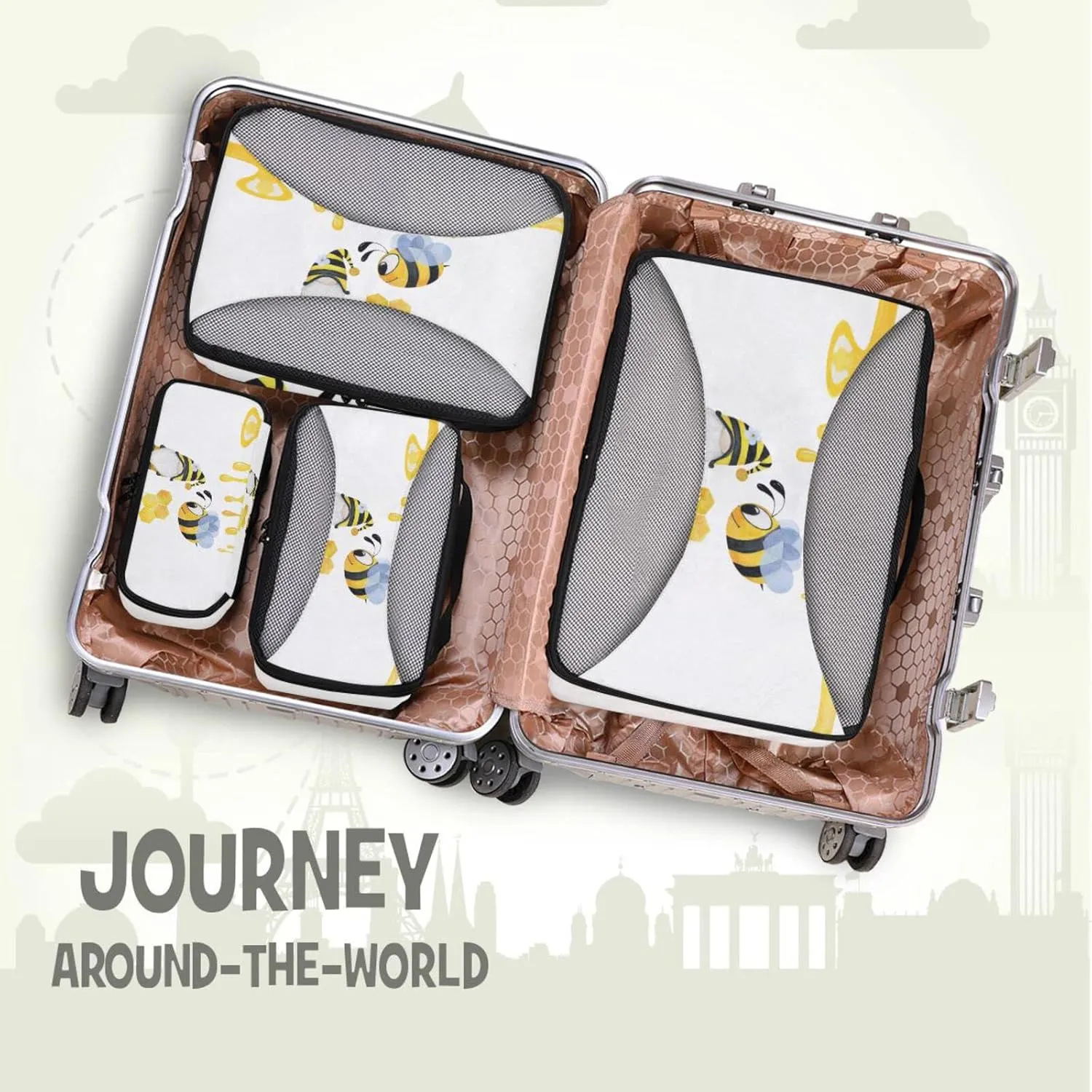 Yellow Flying Bee Dressed Up Gnome Honeycomb on White 4 PCs Set Packing Bags, Luggage Organizer Bag, Portable Cube Toiletry bag, Durable Travel Cosmetic Storage Bag for Men Women