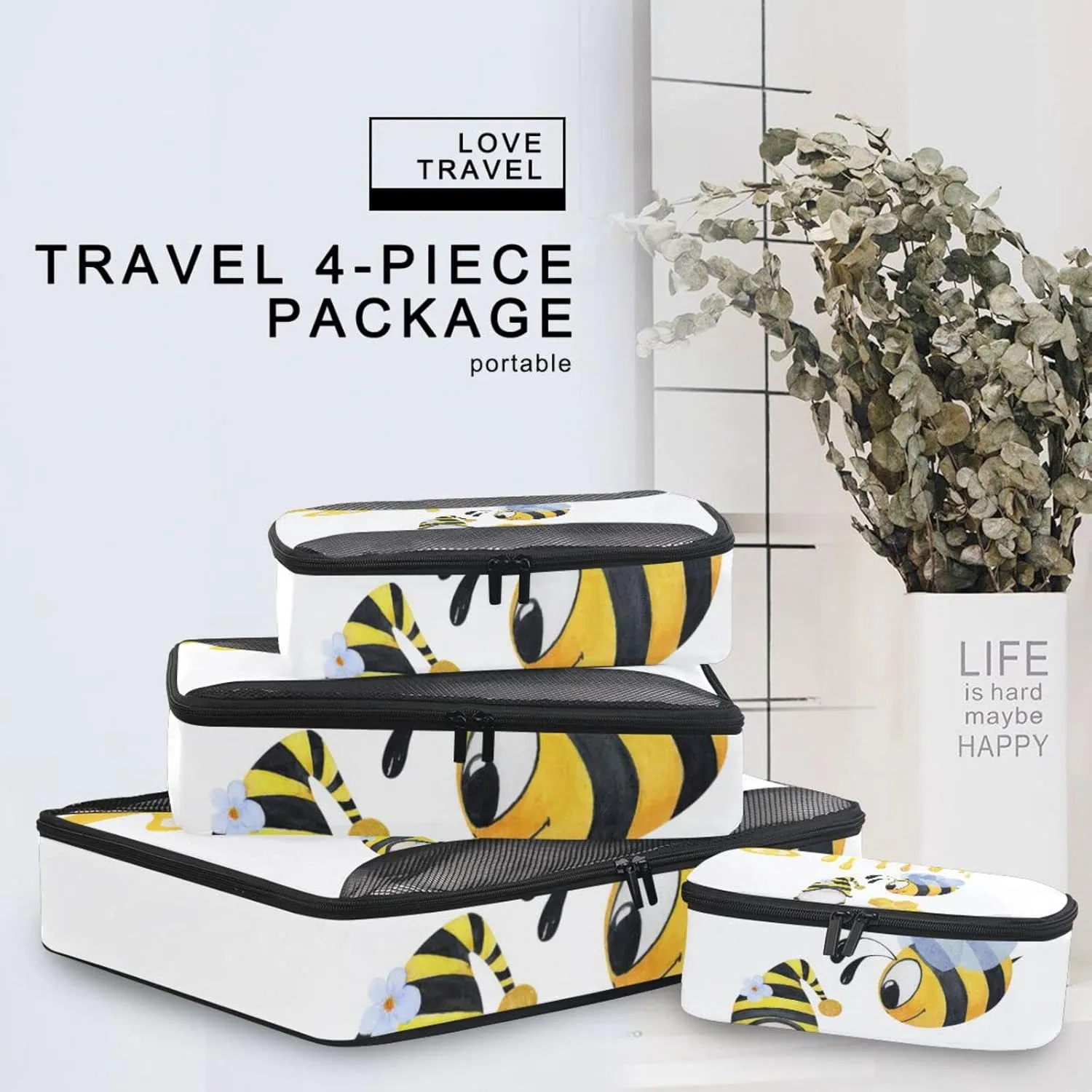 Yellow Flying Bee Dressed Up Gnome Honeycomb on White 4 PCs Set Packing Bags, Luggage Organizer Bag, Portable Cube Toiletry bag, Durable Travel Cosmetic Storage Bag for Men Women