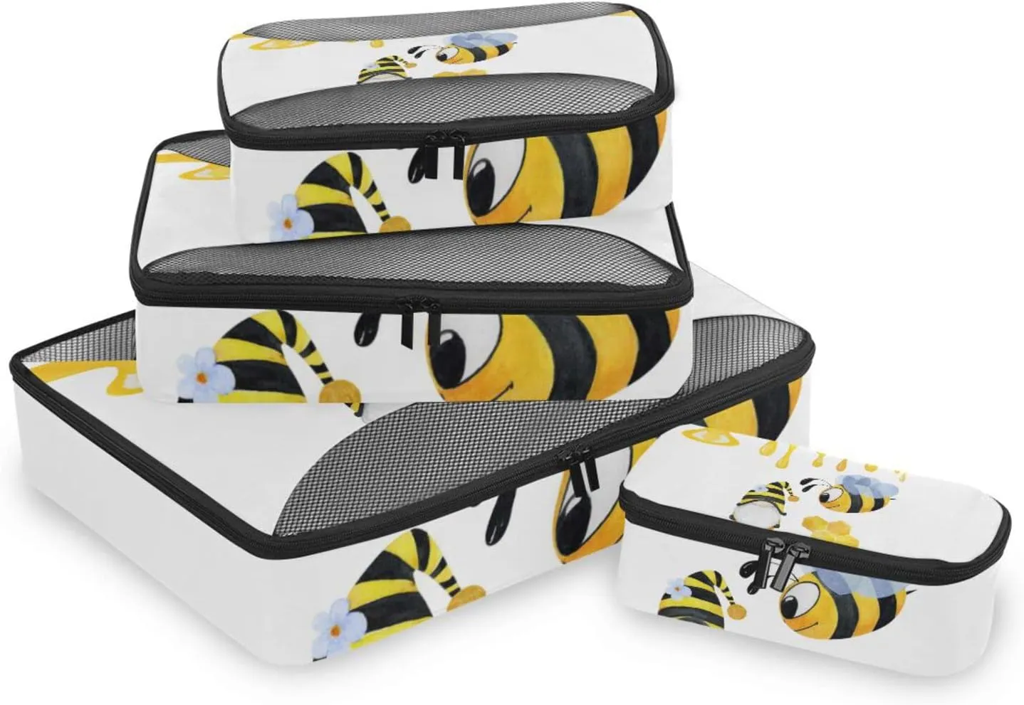 Yellow Flying Bee Dressed Up Gnome Honeycomb on White 4 PCs Set Packing Bags, Luggage Organizer Bag, Portable Cube Toiletry bag, Durable Travel Cosmetic Storage Bag for Men Women