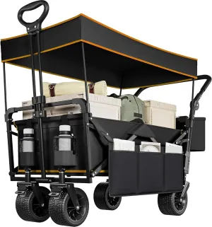 YITAHOME Large Collapsible Wagon w/Removable Canopy, Heavy Duty Outdoor Folding Wagon Cart w/Adjustable Handles and Flexible Swivel Wheels Utility Wagon for Camping, Shopping, Sports, Beach - Black