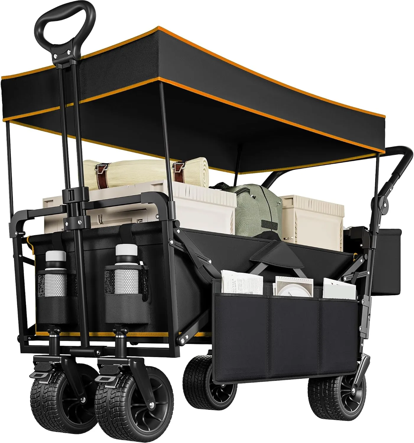 YITAHOME Large Collapsible Wagon w/Removable Canopy, Heavy Duty Outdoor Folding Wagon Cart w/Adjustable Handles and Flexible Swivel Wheels Utility Wagon for Camping, Shopping, Sports, Beach - Black