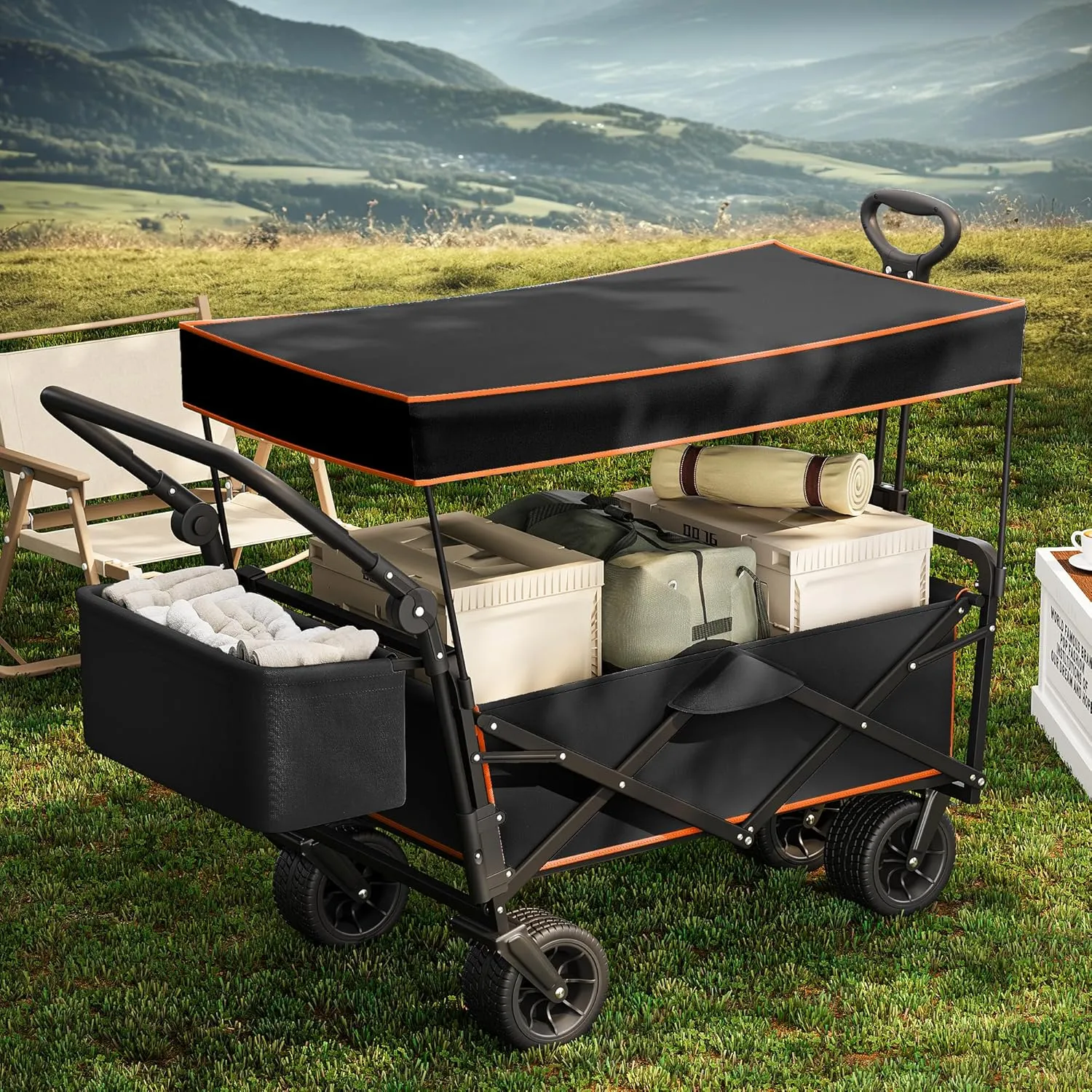 YITAHOME Large Collapsible Wagon w/Removable Canopy, Heavy Duty Outdoor Folding Wagon Cart w/Adjustable Handles and Flexible Swivel Wheels Utility Wagon for Camping, Shopping, Sports, Beach - Black