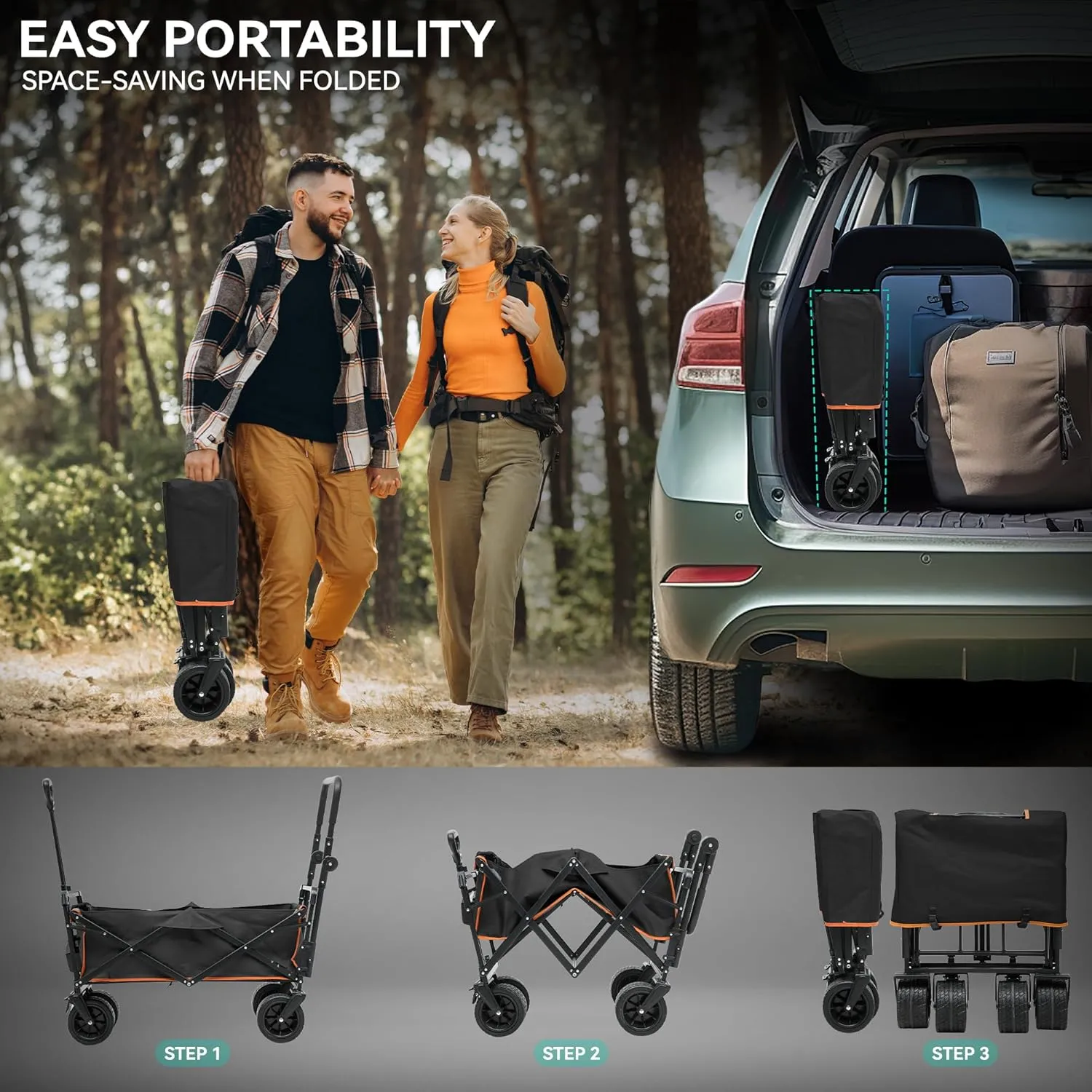 YITAHOME Large Collapsible Wagon w/Removable Canopy, Heavy Duty Outdoor Folding Wagon Cart w/Adjustable Handles and Flexible Swivel Wheels Utility Wagon for Camping, Shopping, Sports, Beach - Black