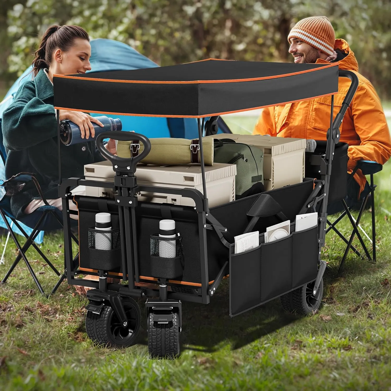 YITAHOME Large Collapsible Wagon w/Removable Canopy, Heavy Duty Outdoor Folding Wagon Cart w/Adjustable Handles and Flexible Swivel Wheels Utility Wagon for Camping, Shopping, Sports, Beach - Black