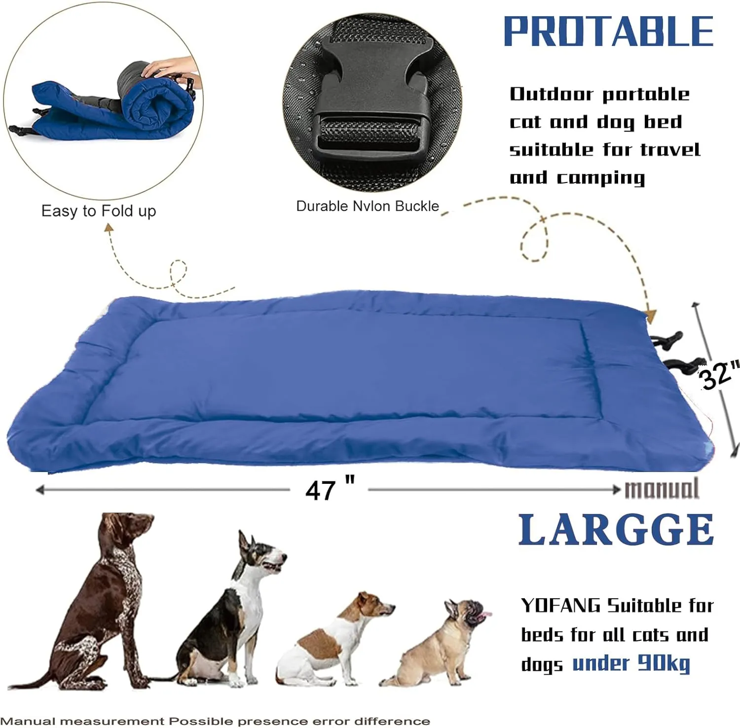 YOFANG 47"x32" Outdoor Travel Dog Bed,Portable Crate Mat Waterproof Anti-Slip, Kennel Pad Washable,Pet Camping Beds Ripstop 1200D Nylon Fabric,Easy to Clean for for Large Medium Dogs or Cats,Blue