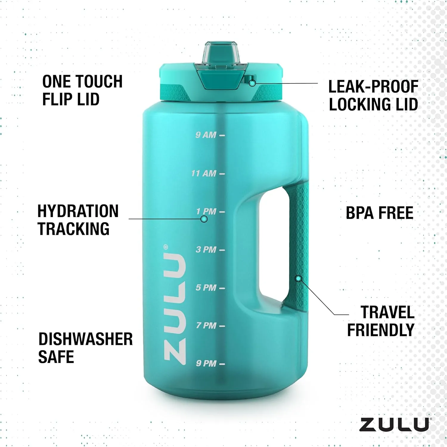 ZULU Goals Large Water Bottle Jug with Time Marker & Handle for All Day Hydration | Silicone Soft Straw with Locking Leak-Proof Lid | For Gym, Camping, Workout, and Outdoors | BPA-Free | 64oz, 128oz